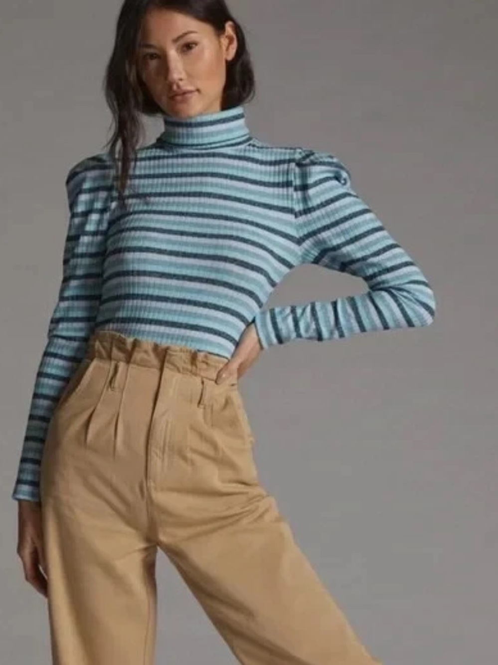 Anthropologie Maeve Striped Puff Sleeved Turtleneck in Blue and Green